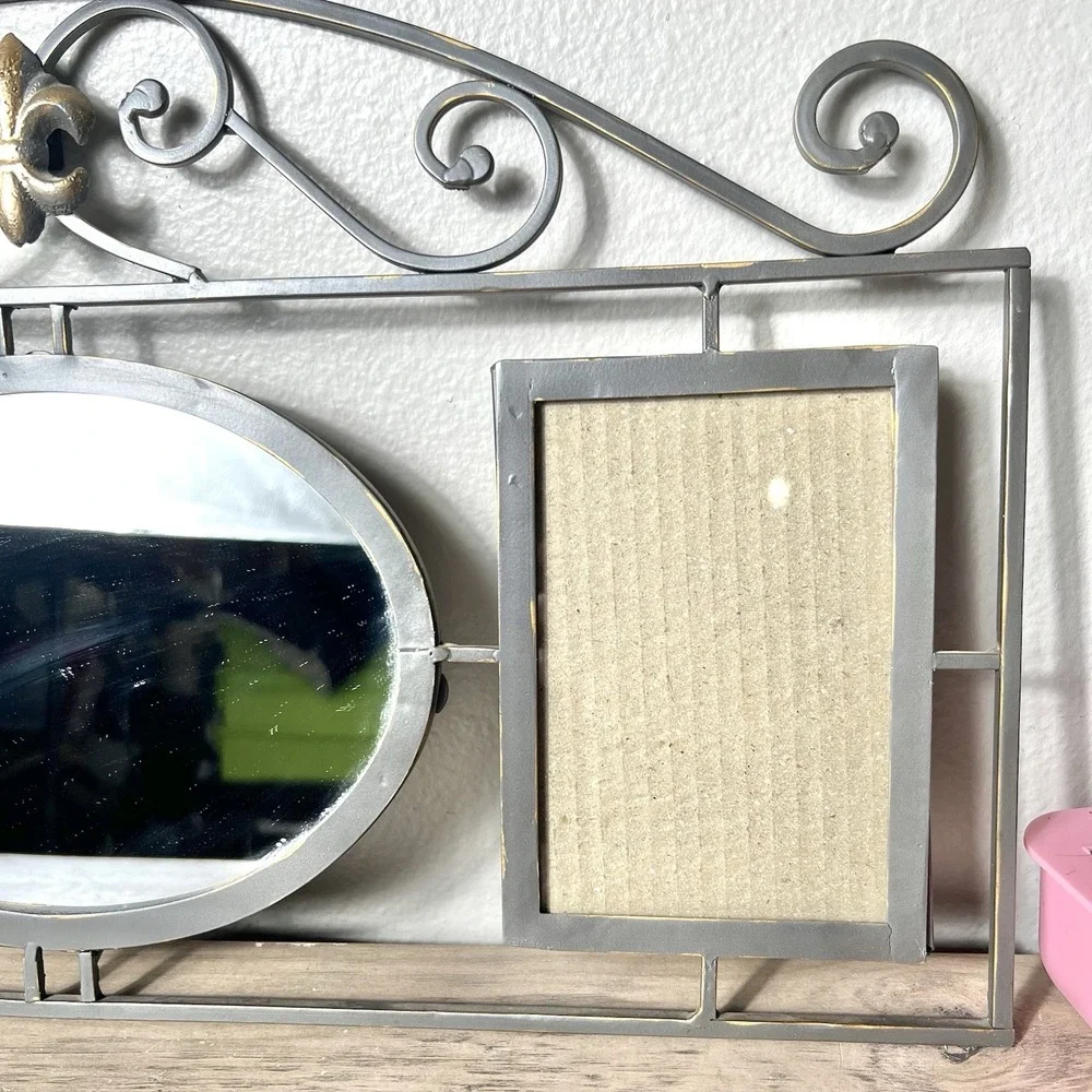 Vtg Iron Garden Triple Frame Wall Mirror Fleur De‎ Lis Metal Gray Gold 20x11
